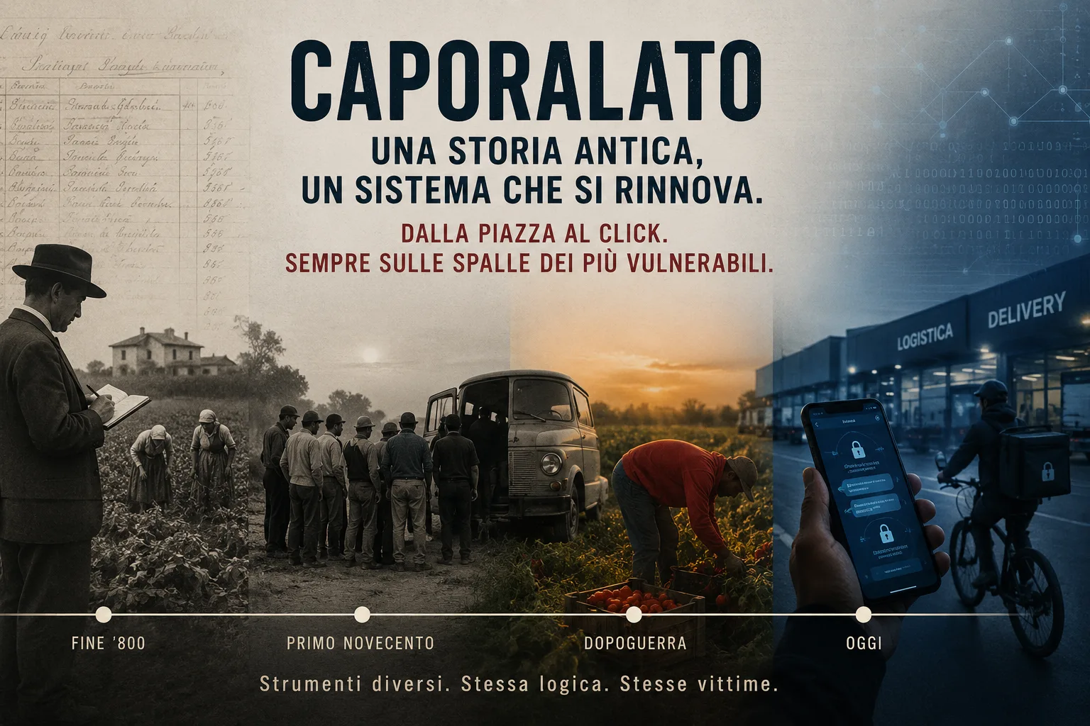 Timeline visiva del caporalato in Italia: dal registro di fine Ottocento ai braccianti nei campi del Novecento, fino al food delivery e alla logistica di oggi.